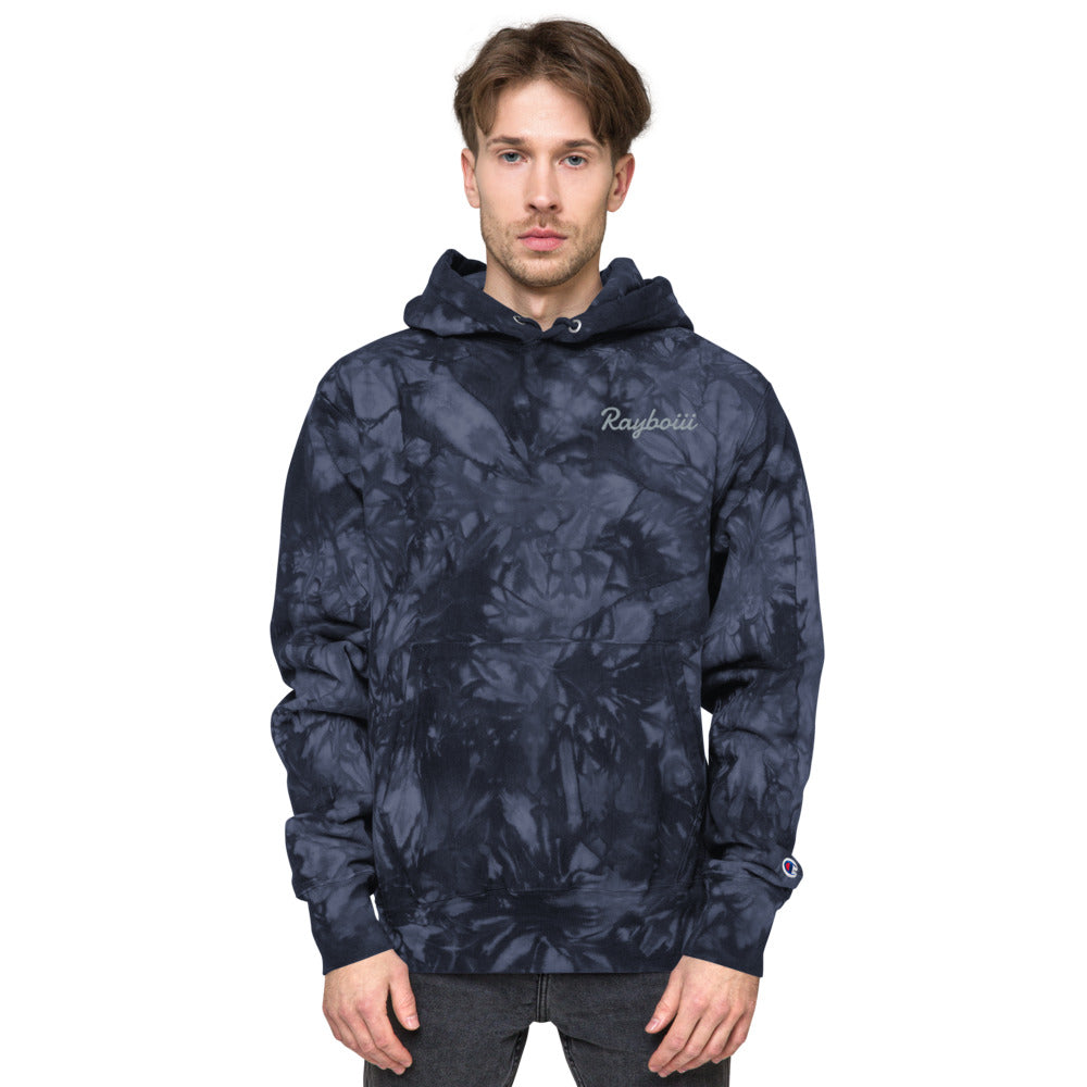 Navy Rayboiii X Champion tie & dye hoodie